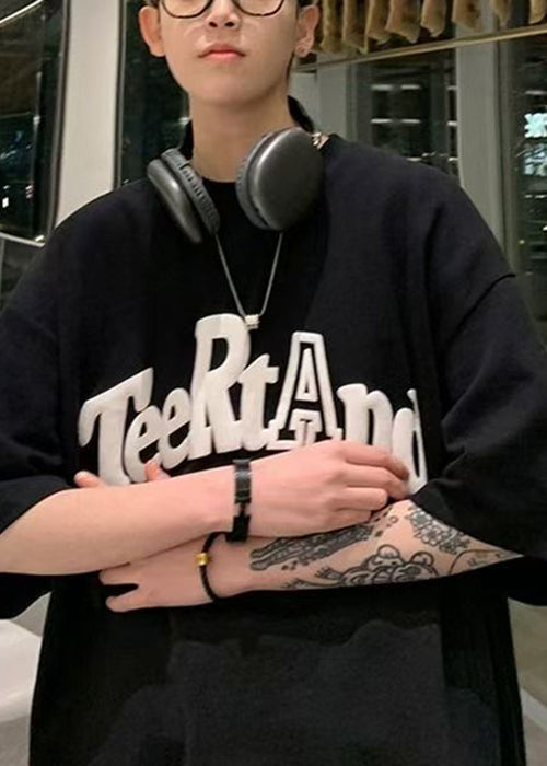 Loose O T Black Cotton Neck Solid Shirt Letter Men Half Sleeve