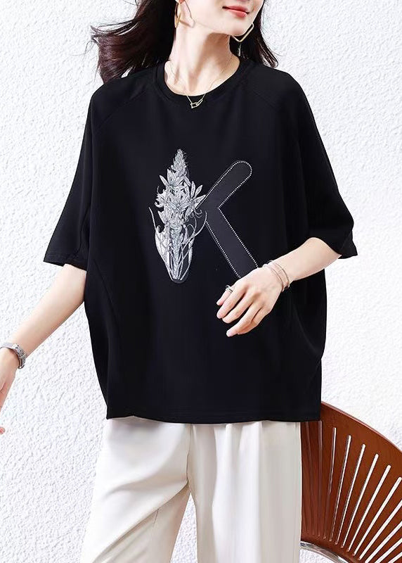 T Black Sleeve Half Shirt Cotton O-Neck Loose Print