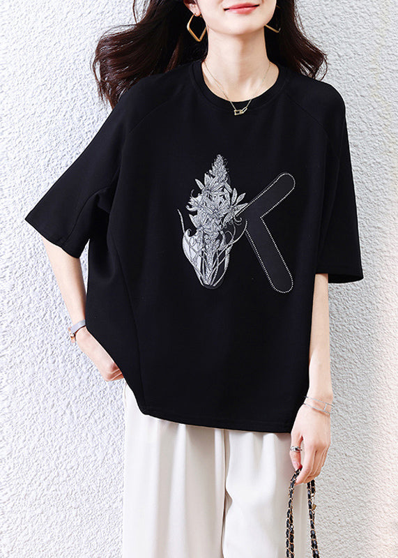 T Black Sleeve Half Shirt Cotton O-Neck Loose Print