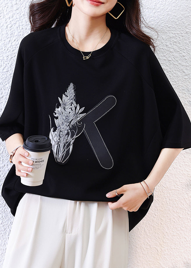 T Black Sleeve Half Shirt Cotton O-Neck Loose Print
