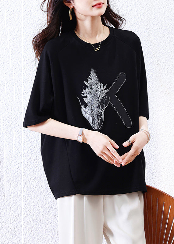 T Black Sleeve Half Shirt Cotton O-Neck Loose Print