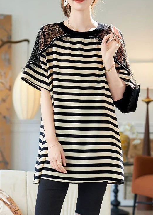 Lace Black Shirts Patchwork Striped Summer T Cotton Loose