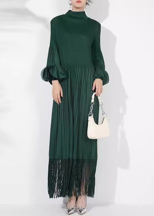 Loose Cotton Dress Wrinkled Blackish Long Green Solid Petal