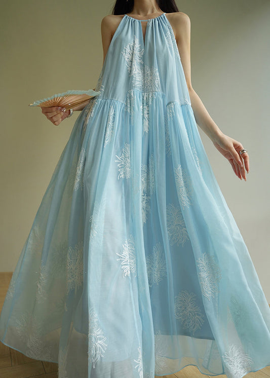 Wrinkled Dresses Sleeveless Long Embroidered Chiffon Loose Blue