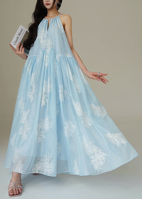 Wrinkled Dresses Sleeveless Long Embroidered Chiffon Loose Blue