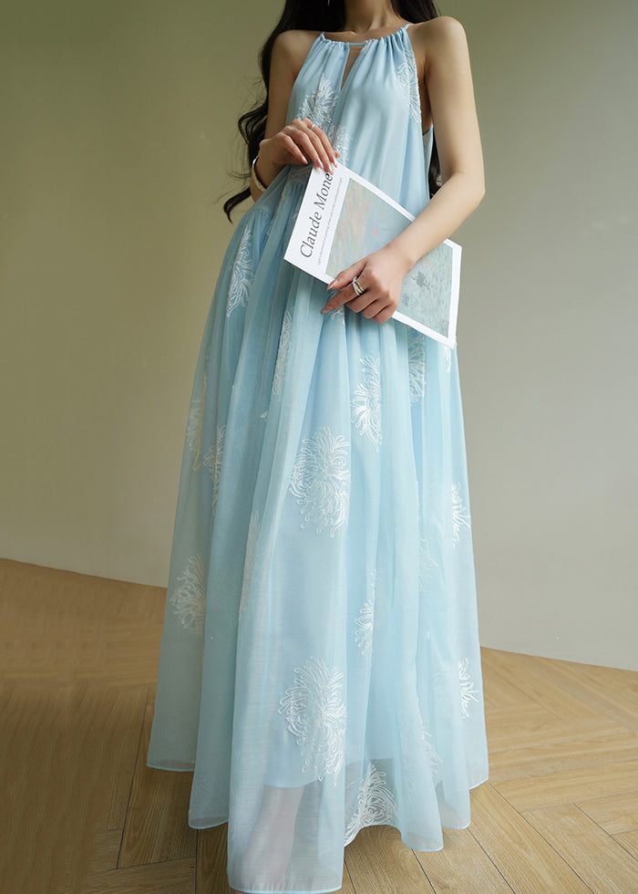 Wrinkled Dresses Sleeveless Long Embroidered Chiffon Loose Blue