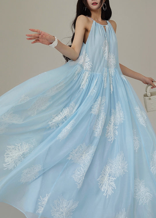 Wrinkled Dresses Sleeveless Long Embroidered Chiffon Loose Blue