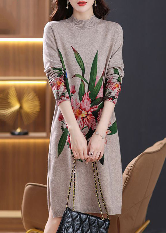 Loose Camel Turtleneck Print Wool Knit Dress Long Sleeve TB023