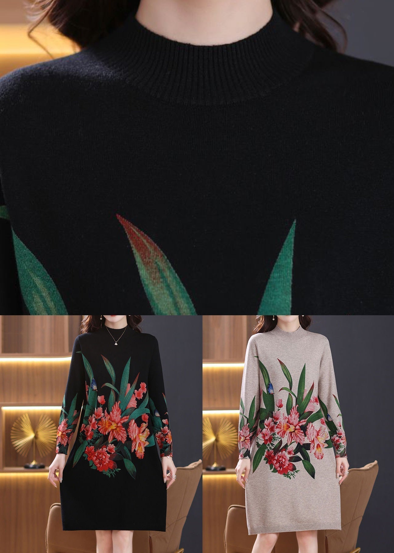 Loose Camel Turtleneck Print Wool Knit Dress Long Sleeve TB023