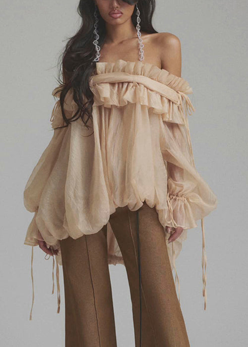 Lace Shirt Button Up Color Loose Tulle Champagne Ruffled Flare