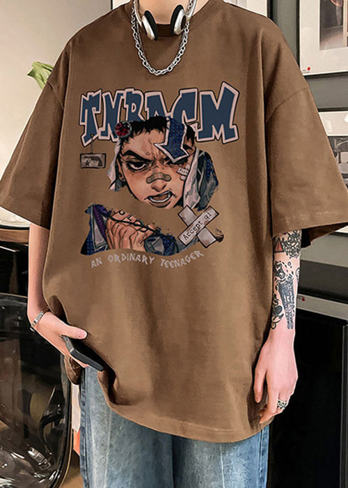 Print Half O Loose Sleeve Chocolate Shirt T Mens Neck Cotton