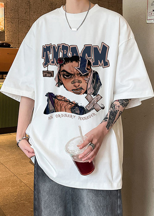 Print Half O Loose Sleeve Chocolate Shirt T Mens Neck Cotton