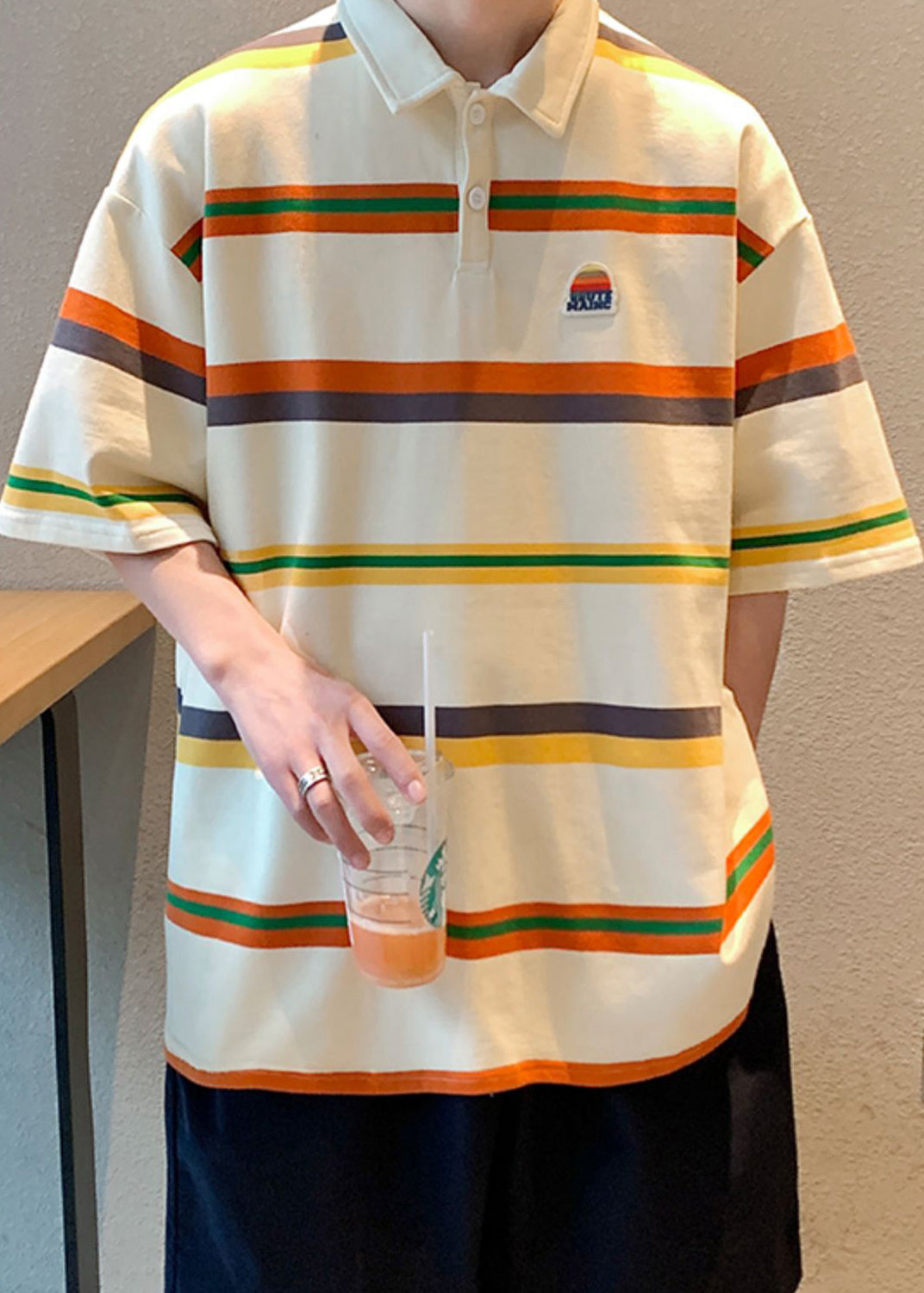 Half Sleeve Shirts Dark Gray Cotton Striped Loose Button Polo