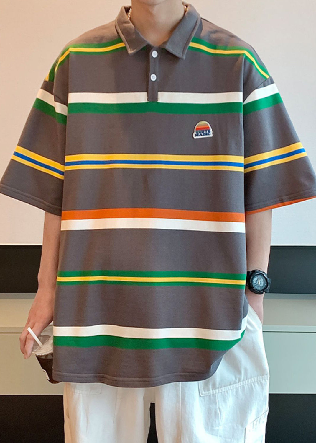 Half Sleeve Shirts Dark Gray Cotton Striped Loose Button Polo