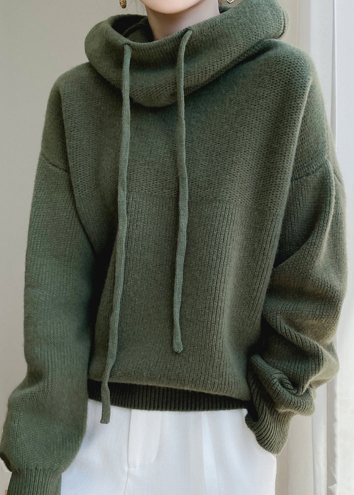 Wool Sweaters Up Spring Hooded Green Loose Knit Lace