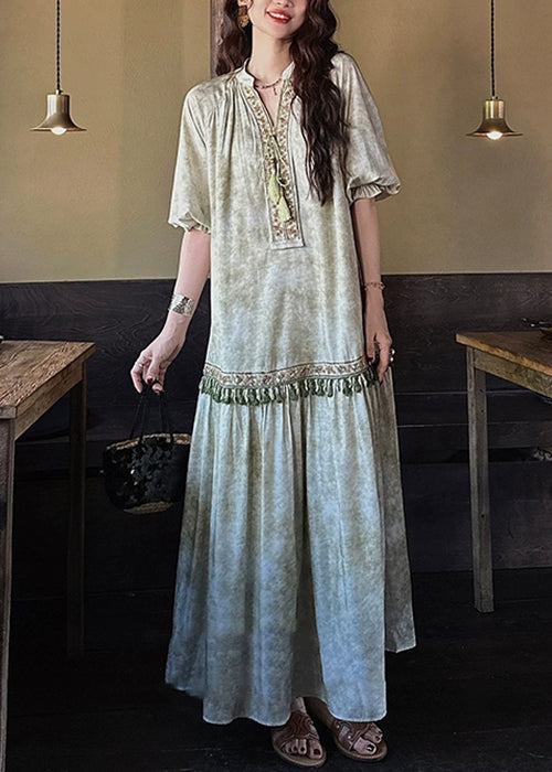 Dresses Tasseled Long Butterfly Sleeve Silk Green Loose
