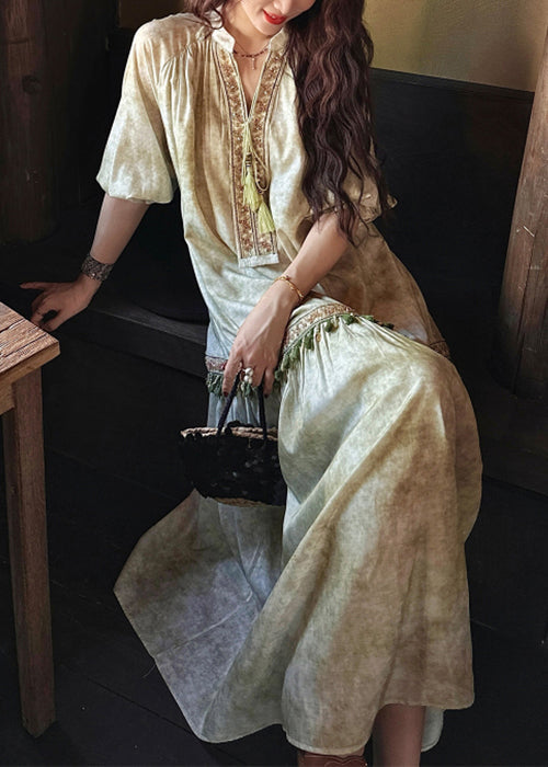 Dresses Tasseled Long Butterfly Sleeve Silk Green Loose