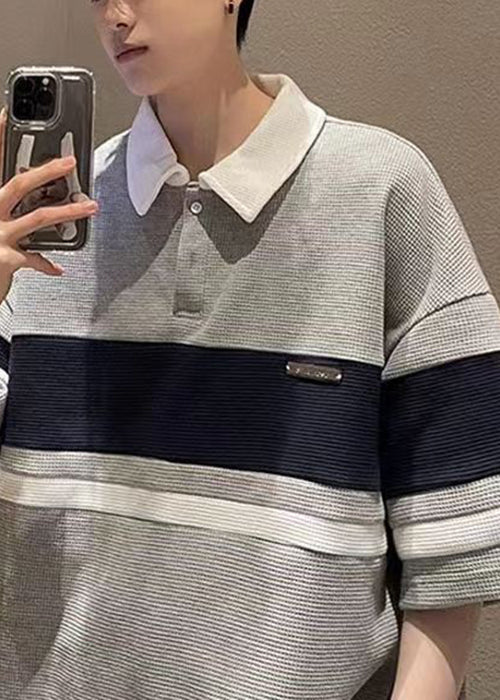 Polo Button Summer Cotton Shirts Loose Mens Grey Patchwork