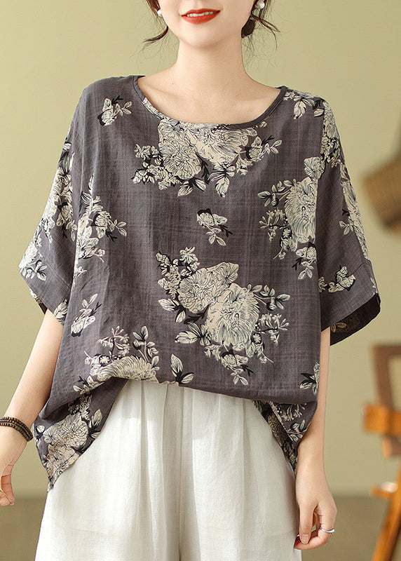 Grey Shirt Sleeve Short Loose O-Neck T Print