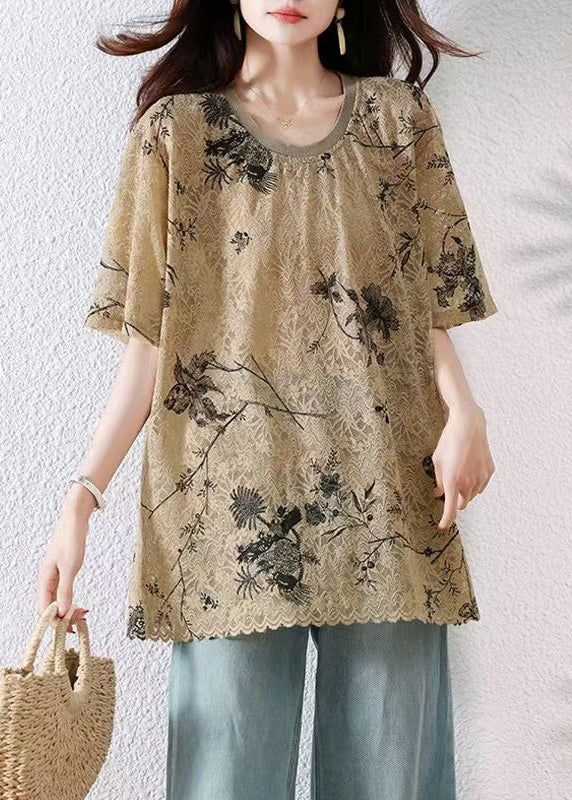Loose Shirt T Lace Neck Khaki Summer Print O