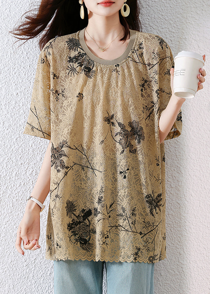 Loose Shirt T Lace Neck Khaki Summer Print O