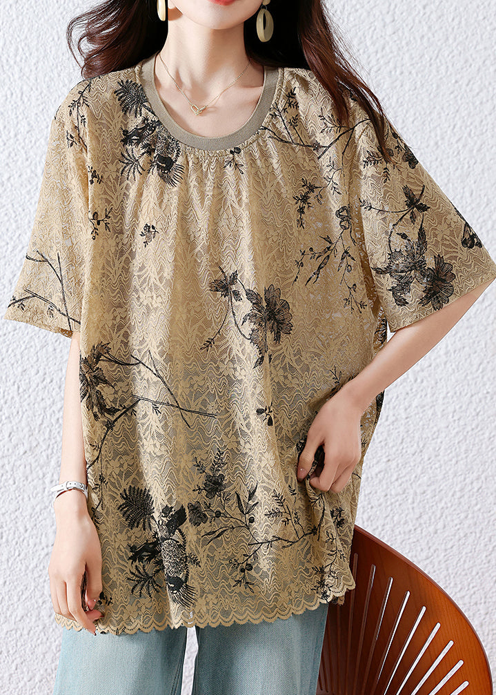 Loose Shirt T Lace Neck Khaki Summer Print O