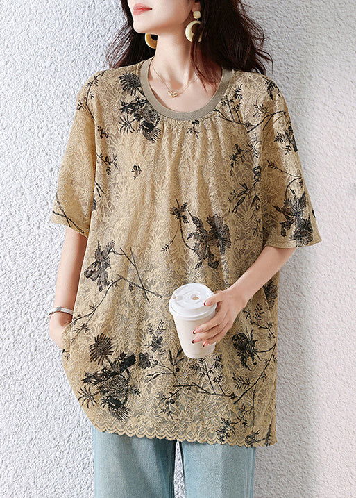 Loose Shirt T Lace Neck Khaki Summer Print O