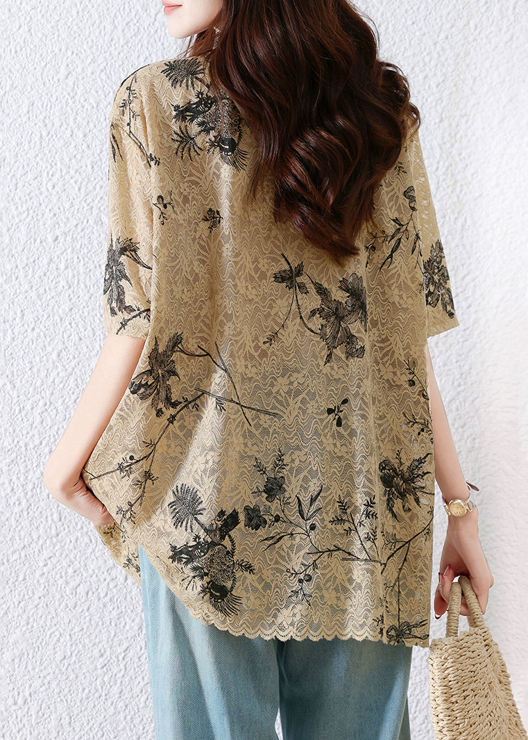 Loose Shirt T Lace Neck Khaki Summer Print O