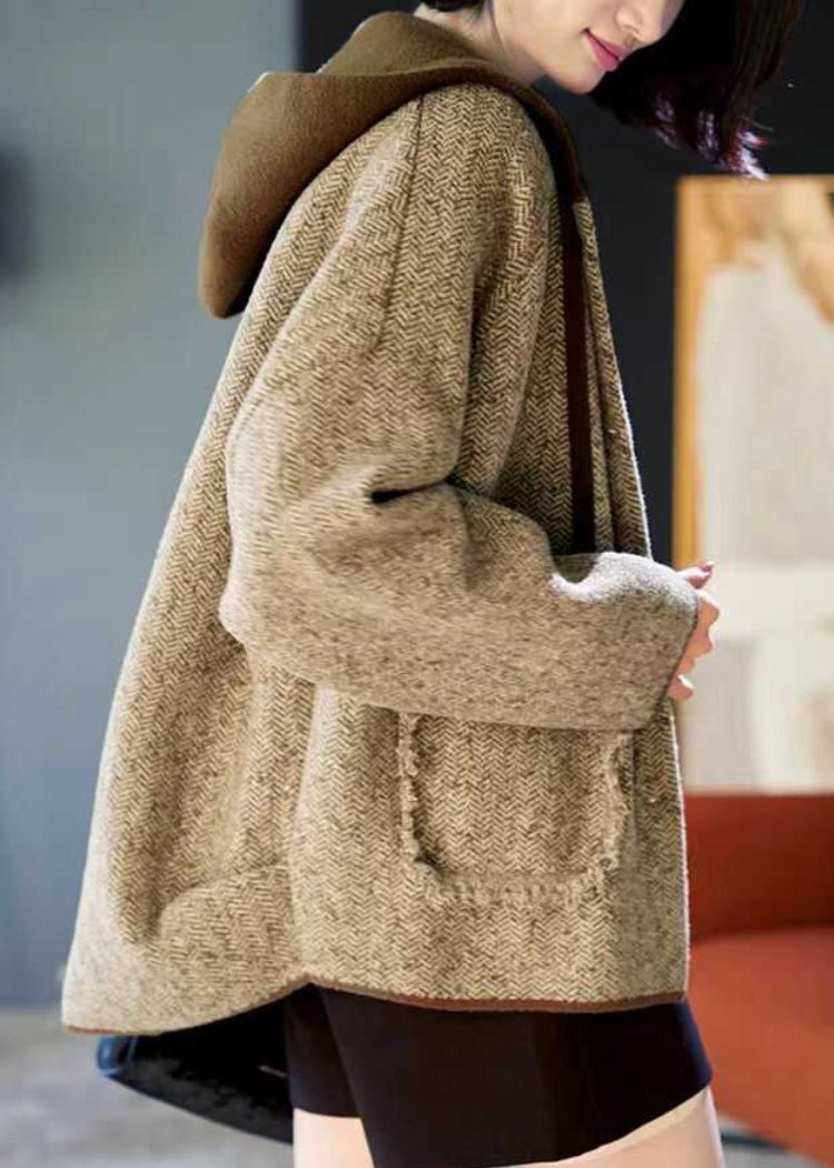 Woolen Patchwork Pockets Hooded Coats Spring Button Loose Khaki