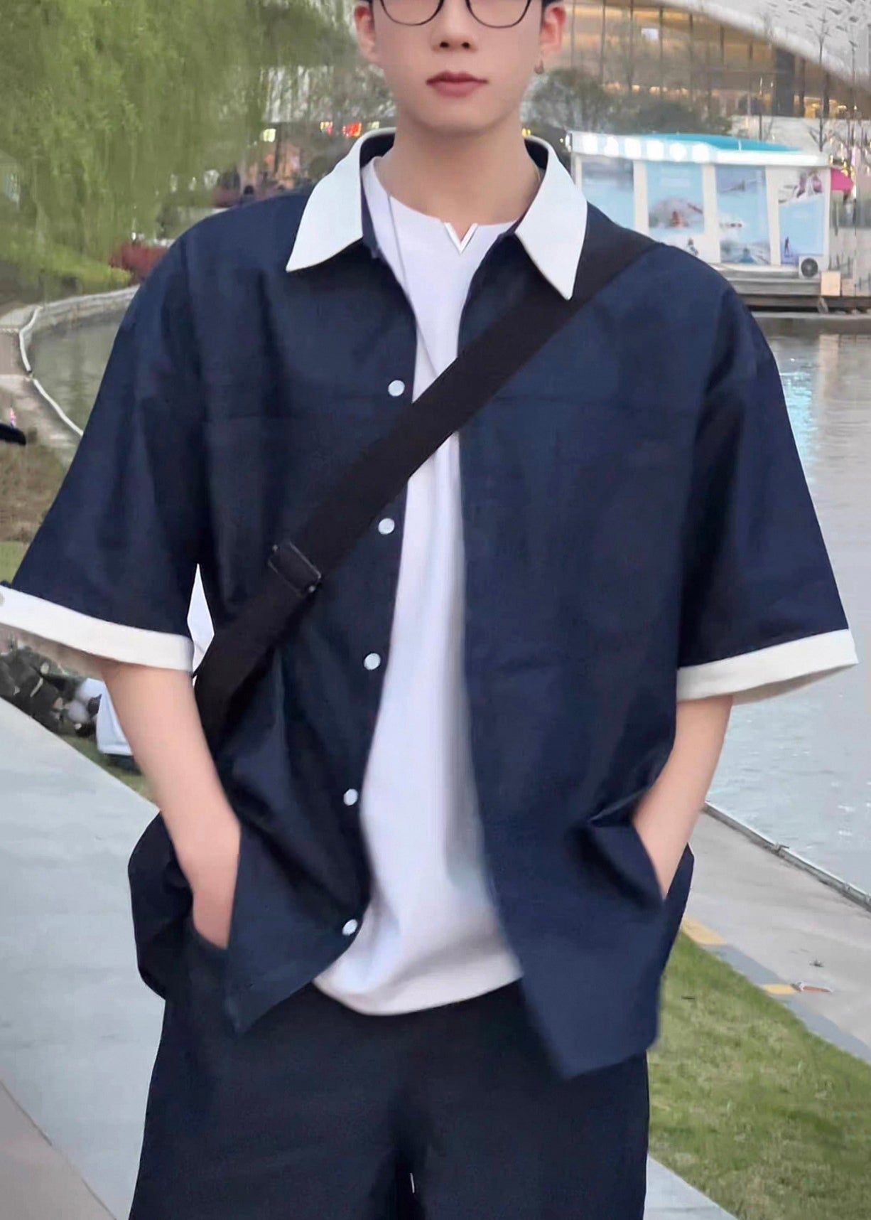 Loose Pan Patchwork Mens Collar Peter Summer Shirts Navy Denim