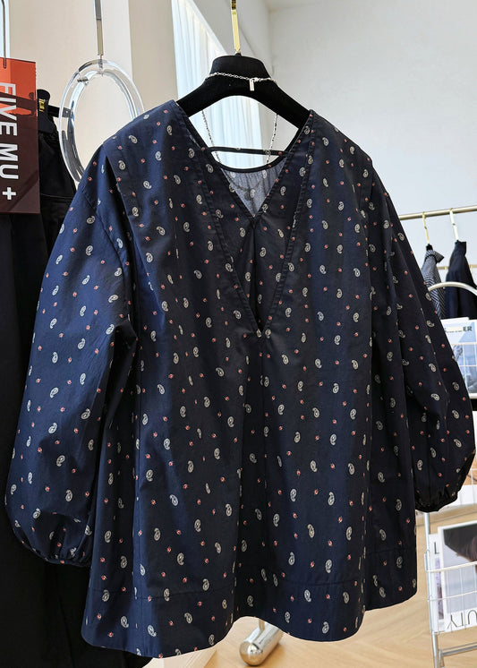 Fall Loose Neck V Cotton Navy Shirts Print