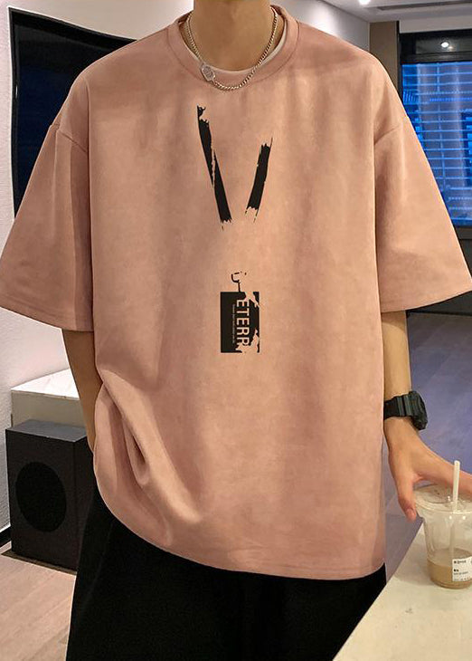 Shirts T Pea Summer Suede Faux Green Loose Neck O Men Print