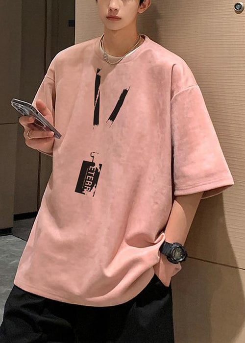 Shirts T Pea Summer Suede Faux Green Loose Neck O Men Print