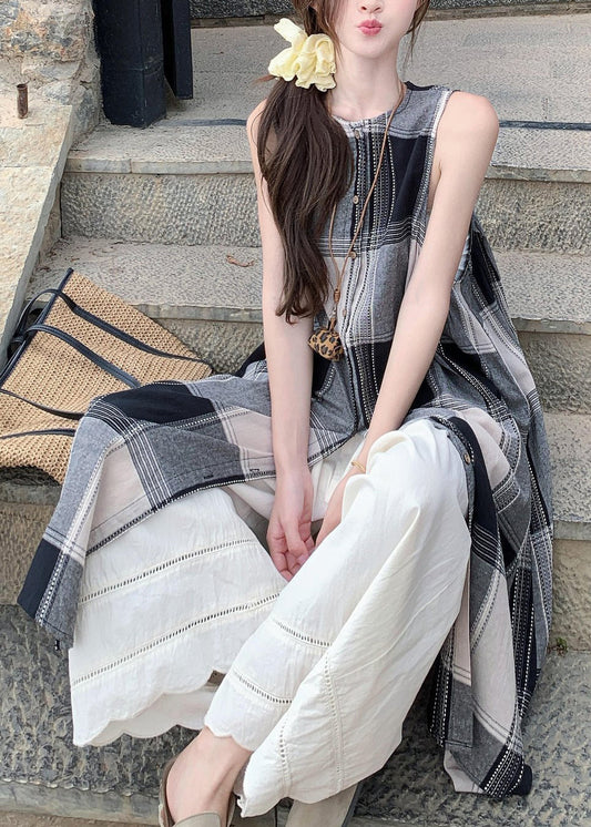 Cotton Two Wide Pants Plaid And Leg Loose White Shirts Dress