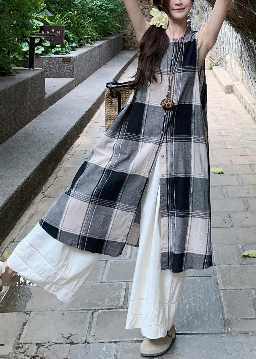 Cotton Two Wide Pants Plaid And Leg Loose White Shirts Dress