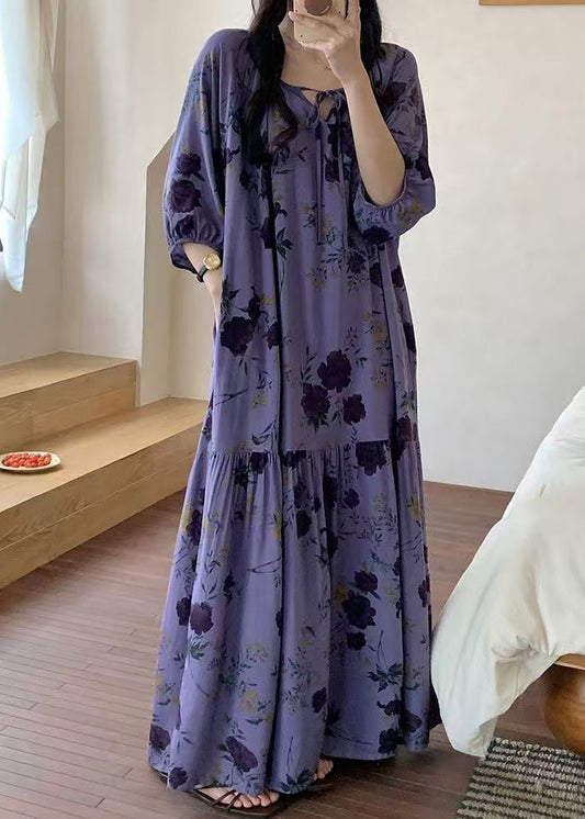 Neck Dresses Purple O Pajamas Loose Summer Cotton Print Wrinkled