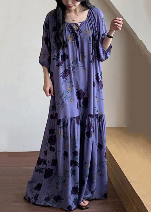 Neck Dresses Purple O Pajamas Loose Summer Cotton Print Wrinkled