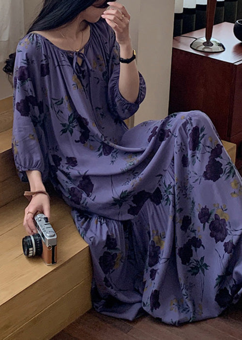 Neck Dresses Purple O Pajamas Loose Summer Cotton Print Wrinkled