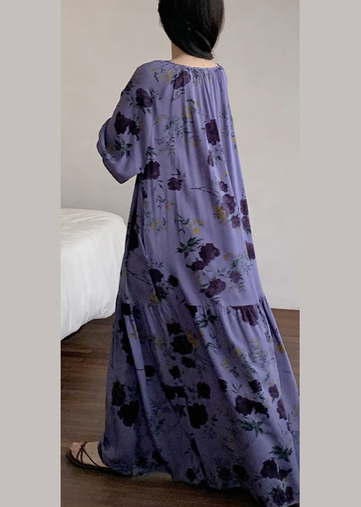 Neck Dresses Purple O Pajamas Loose Summer Cotton Print Wrinkled