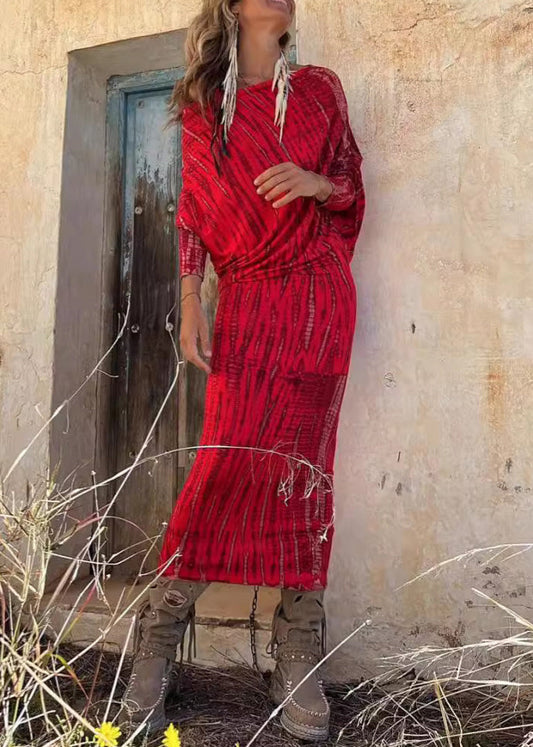 Lockeres, rotes Baumwollkleid mit hoher Taille und Fledermausärmeln BB041