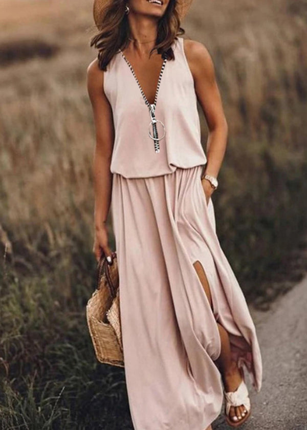 Cotton Open Zip Sleeveless Side Patchwork Red Up Loose Dress