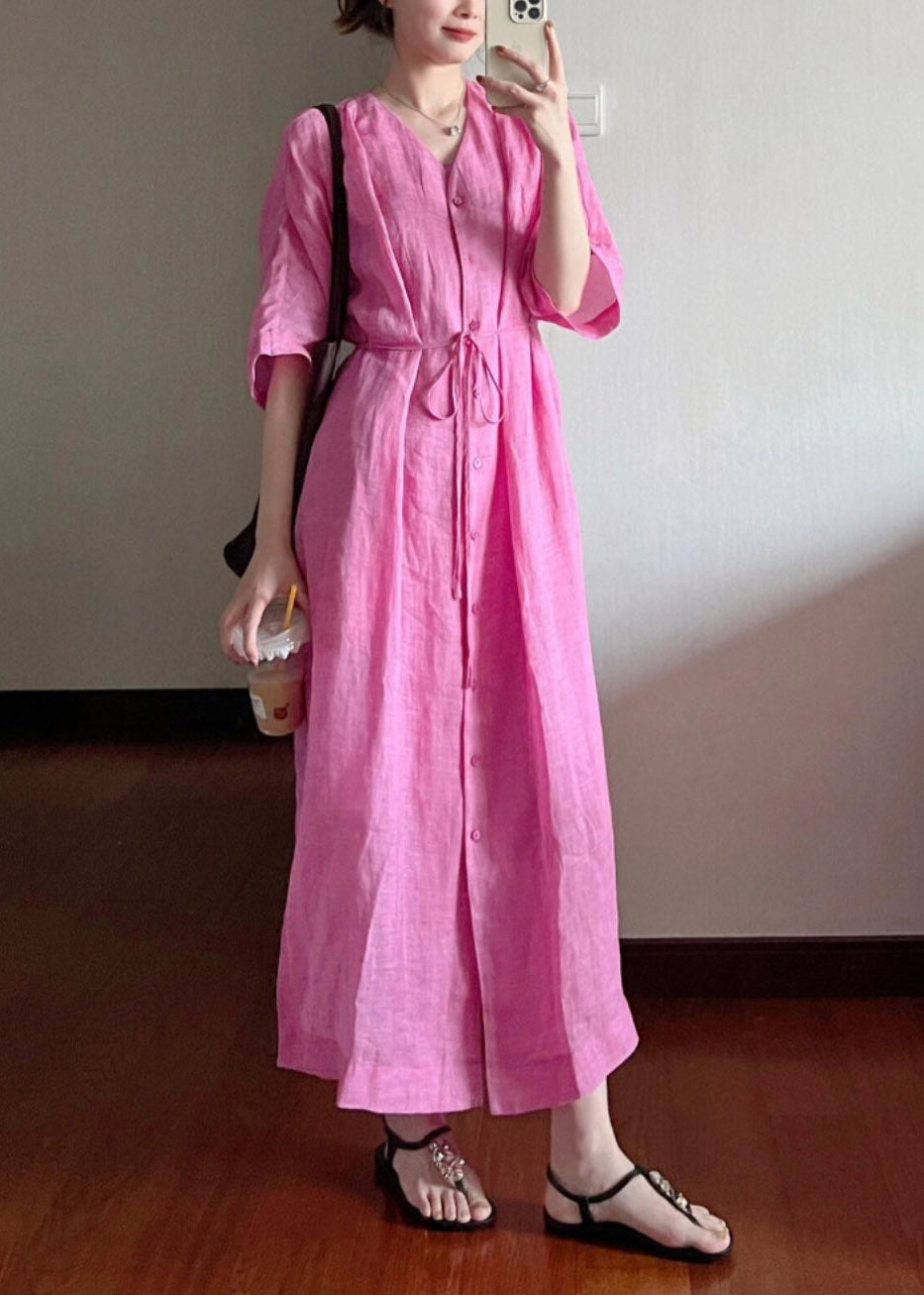 Cotton Dresses Long V Neck Loose Rose Summer Button