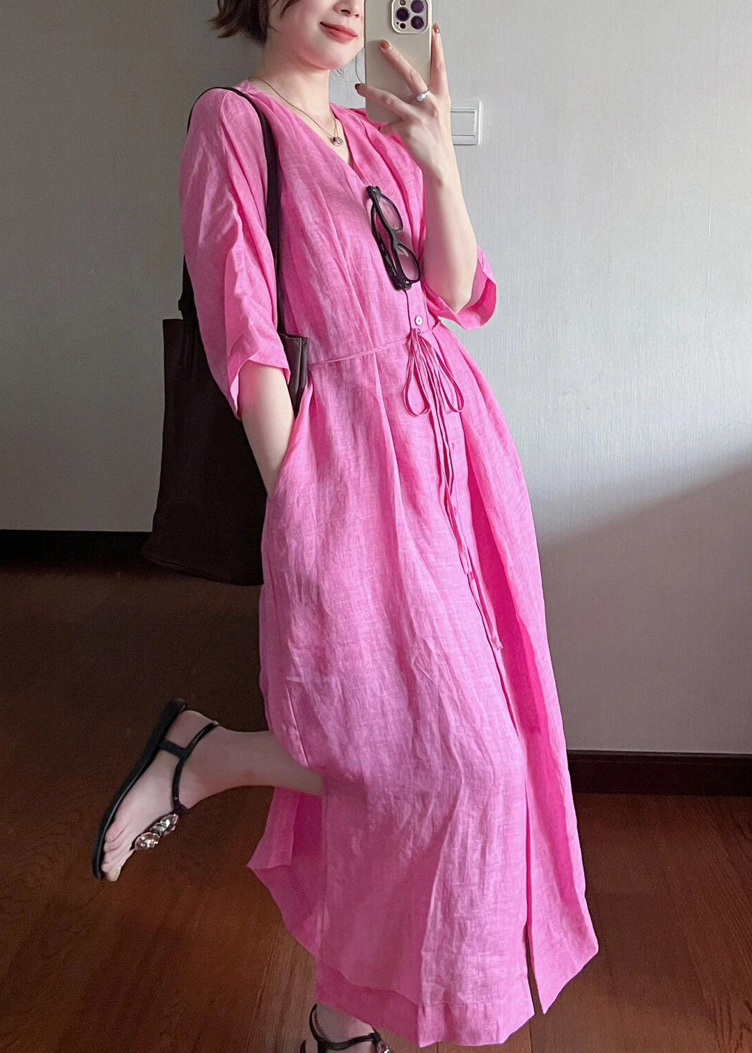 Cotton Dresses Long V Neck Loose Rose Summer Button
