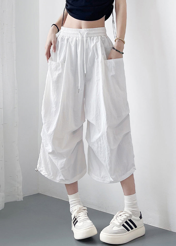 Cotton Up Loose Pants Pockets Lace White Crop Solid