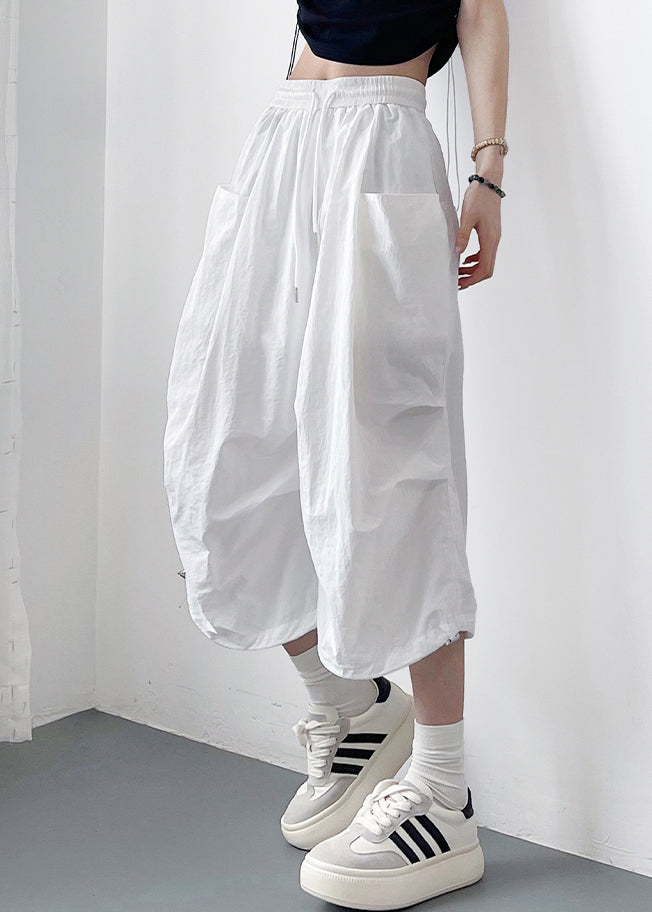 Cotton Up Loose Pants Pockets Lace White Crop Solid