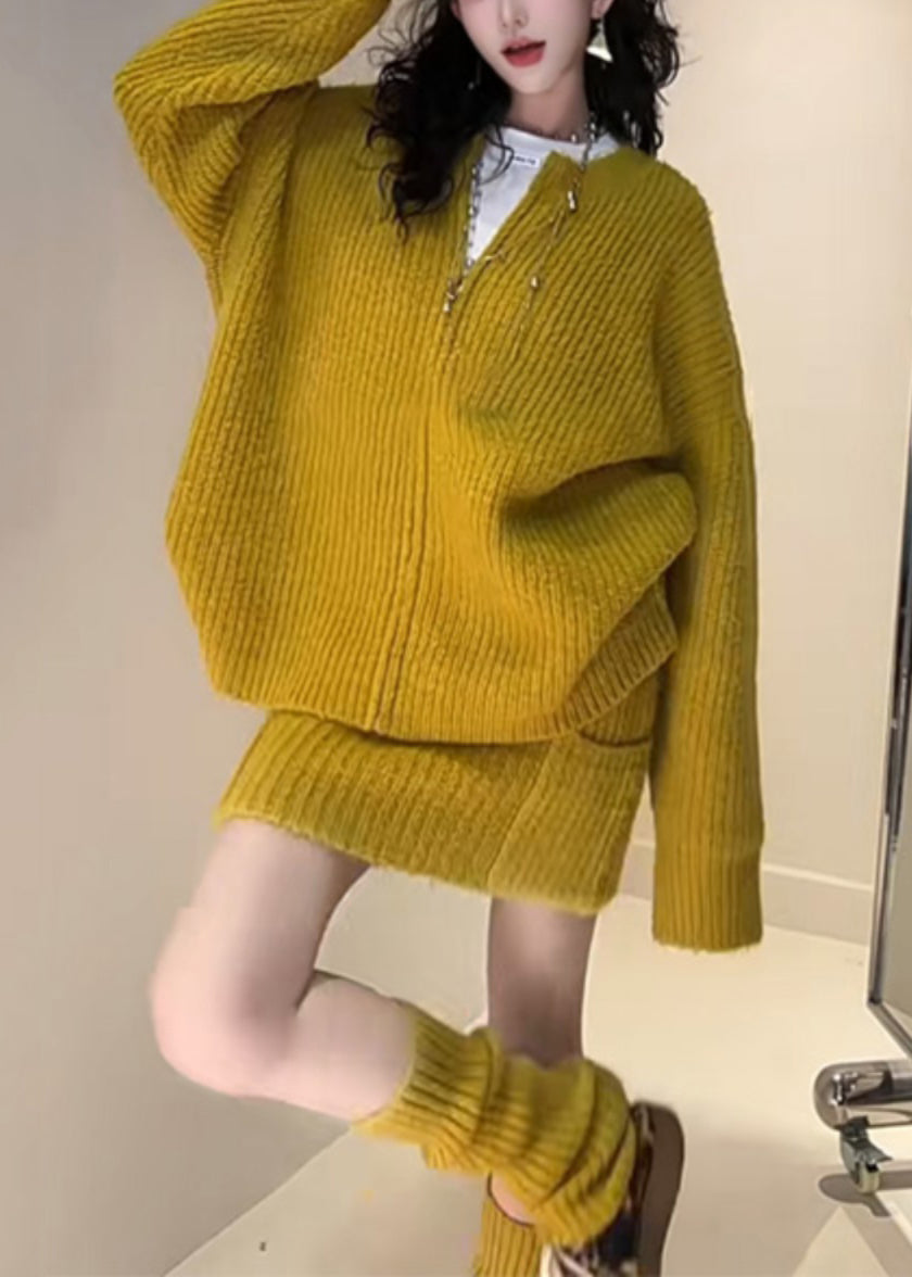 Cardigan Fall Set And Yellow Zippered Loose Knit Skirts Two Piece