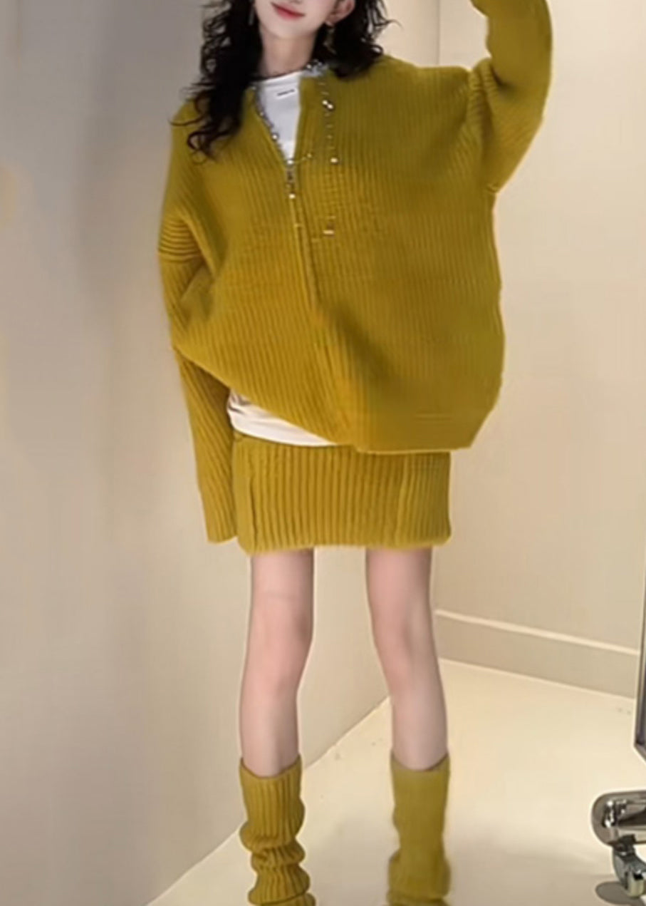 Cardigan Fall Set And Yellow Zippered Loose Knit Skirts Two Piece