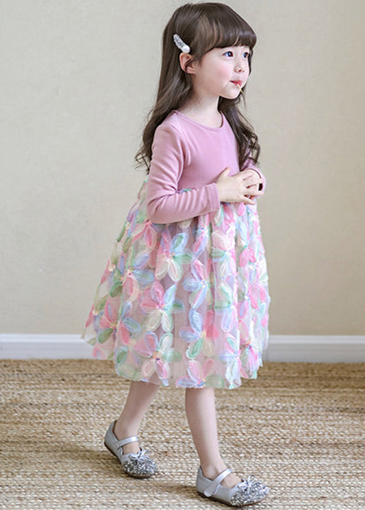 Lovely Pink O-Neck Print Tulle Girls Long Dresses Spring TV033