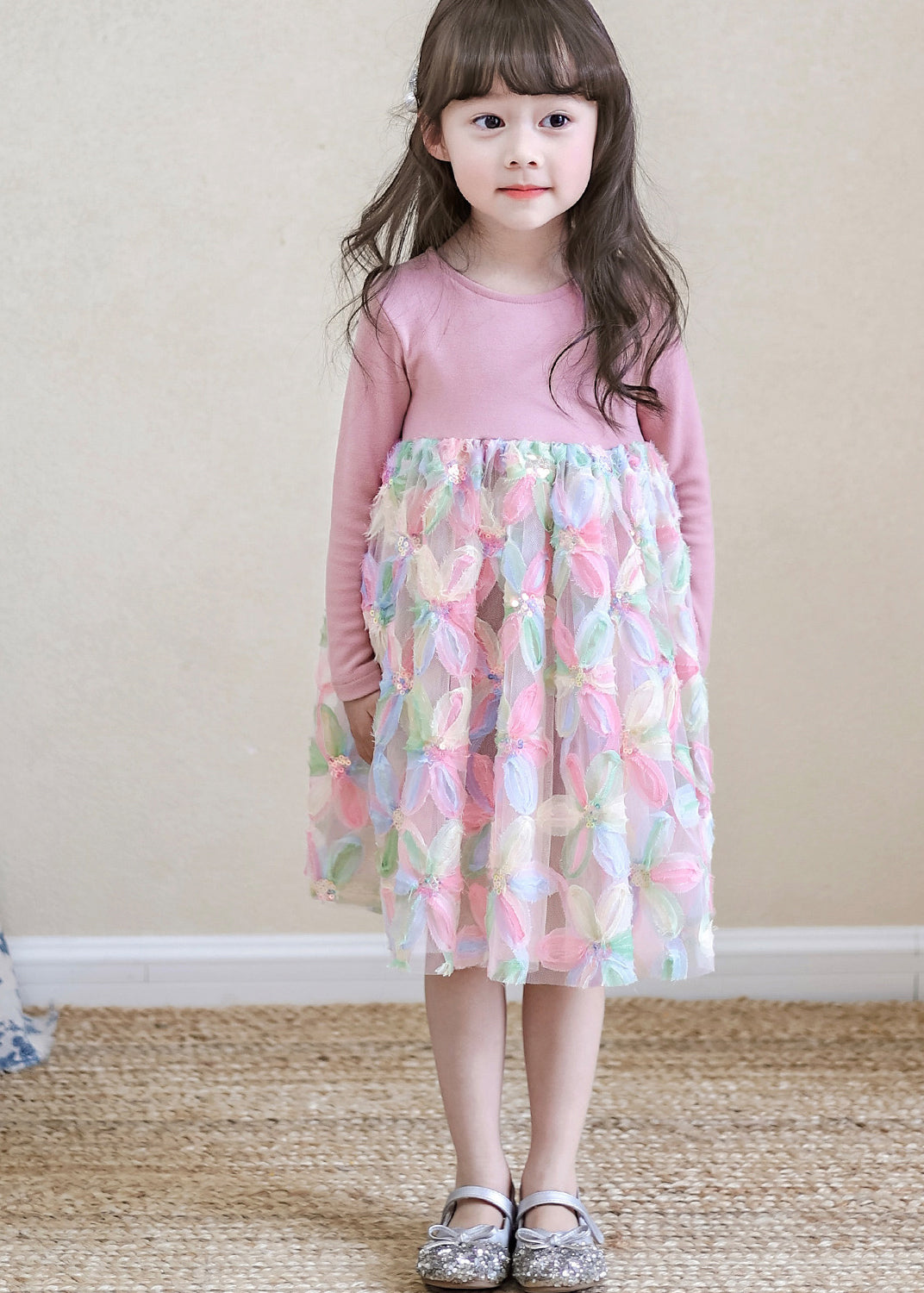 Lovely Pink O-Neck Print Tulle Girls Long Dresses Spring TV033