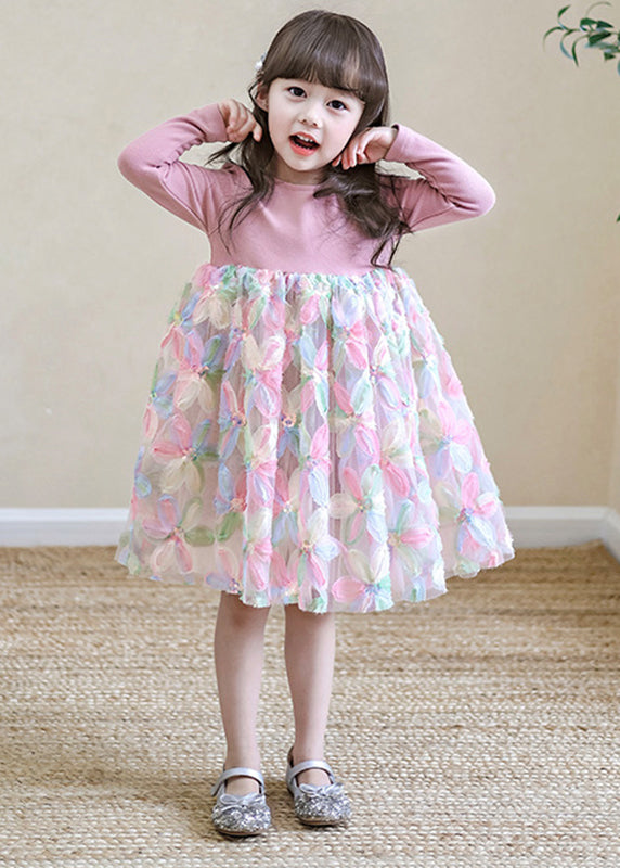 Lovely Pink O-Neck Print Tulle Girls Long Dresses Spring TV033